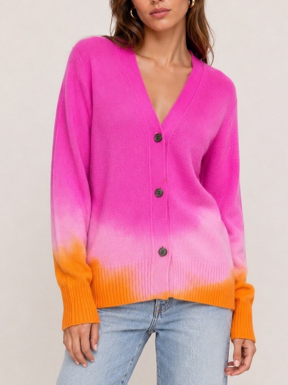 Marea 100% Cashmere Ombre Cardigan Pink Orange Button Sweater Medium